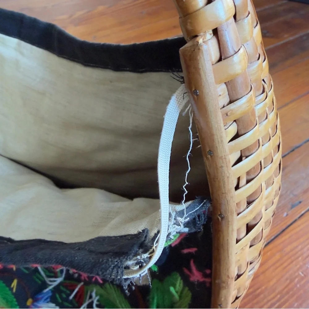 Vintage 70s wicker frame hand embroidered fabric basket tote